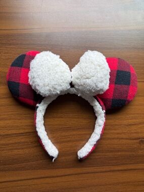 Disney Parks Buffalo Plaid Minnie Ears Sherpa Bow Christmas Holiday Headband
